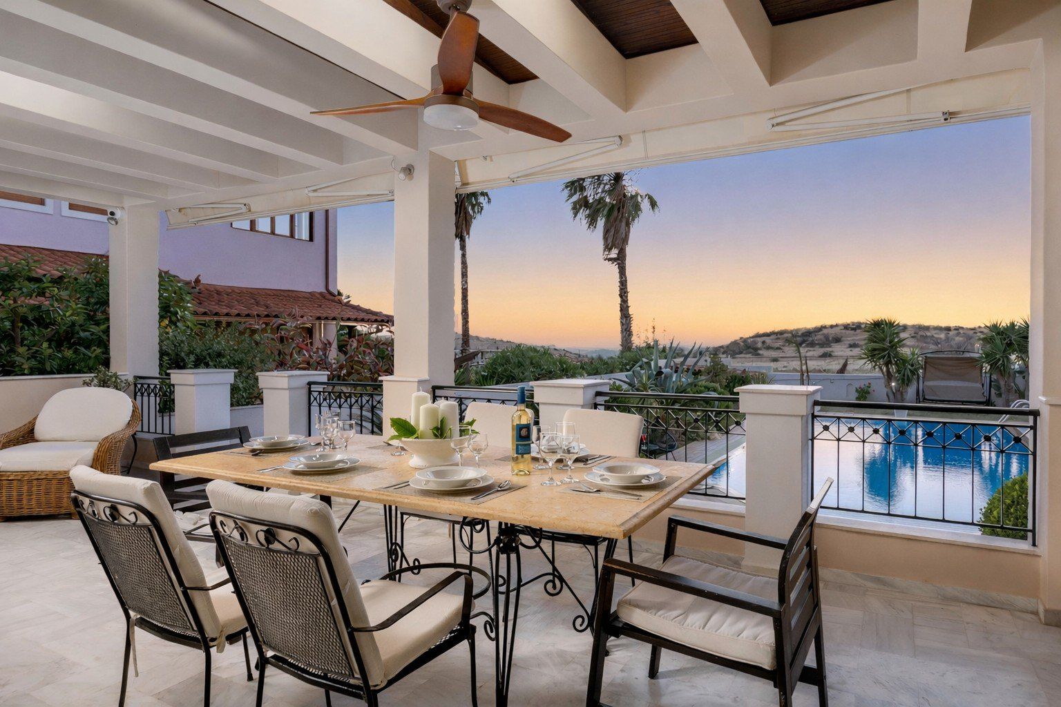 Grand veranda dining at sunset