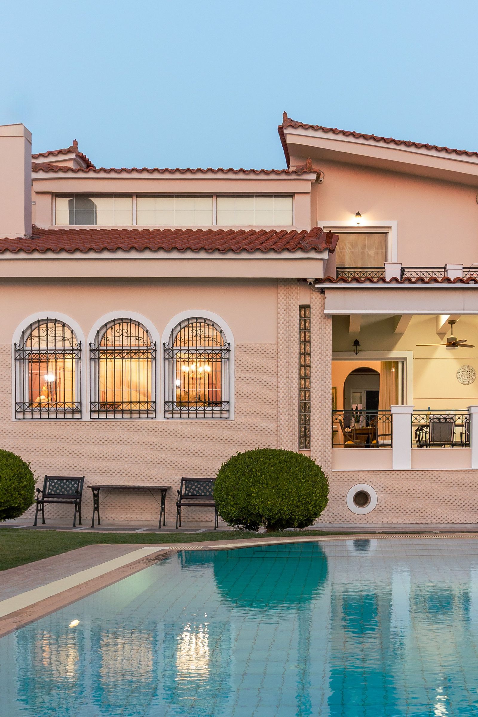 Villa architecture details at dusk