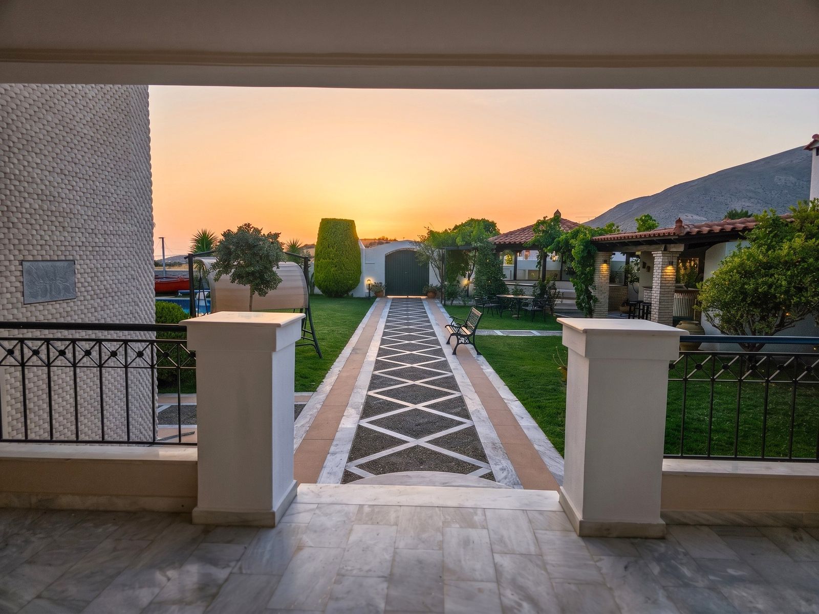 Garden view at sunset