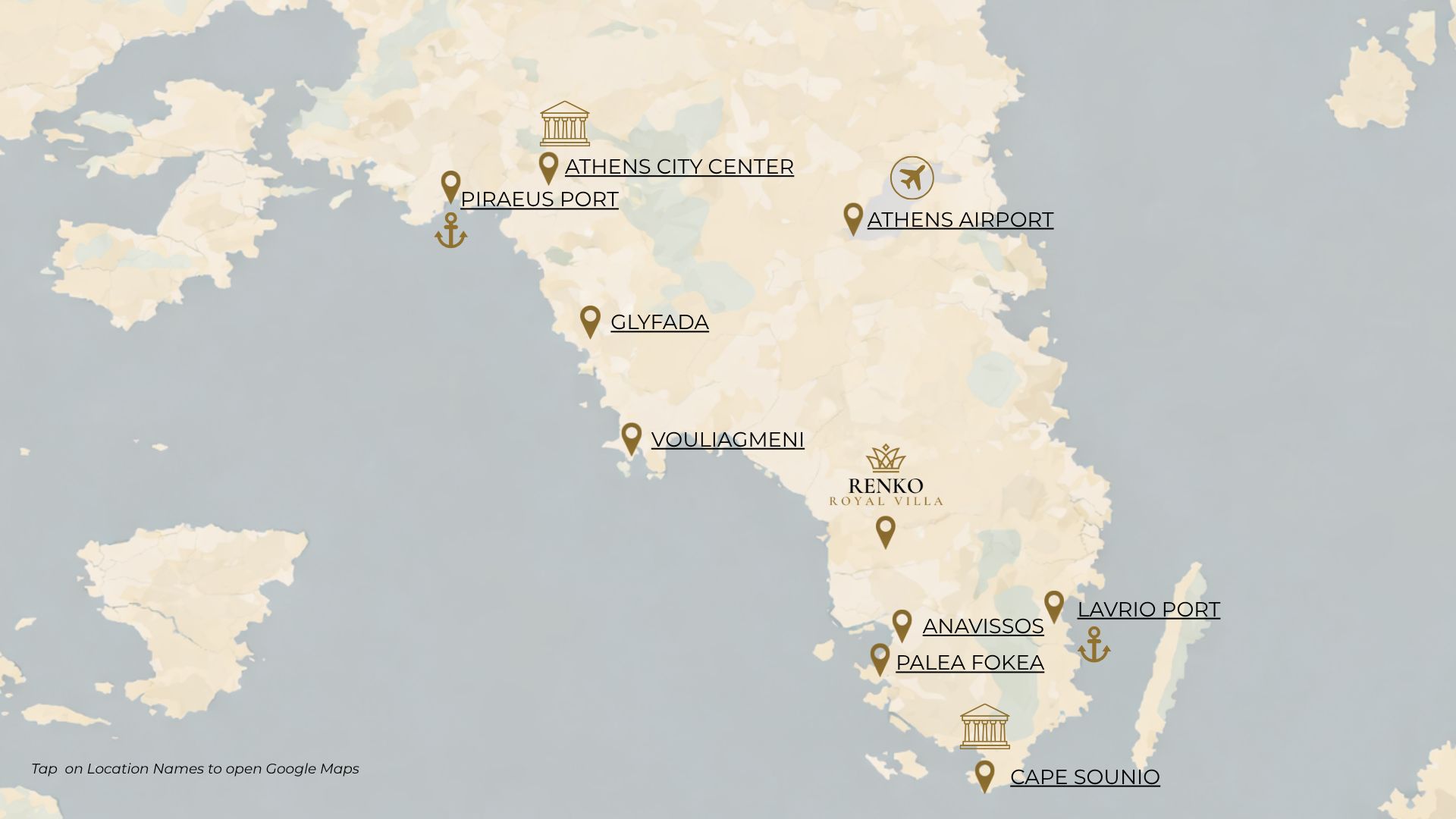 Map of Renko Royal Villa and key Athens Riviera destinations